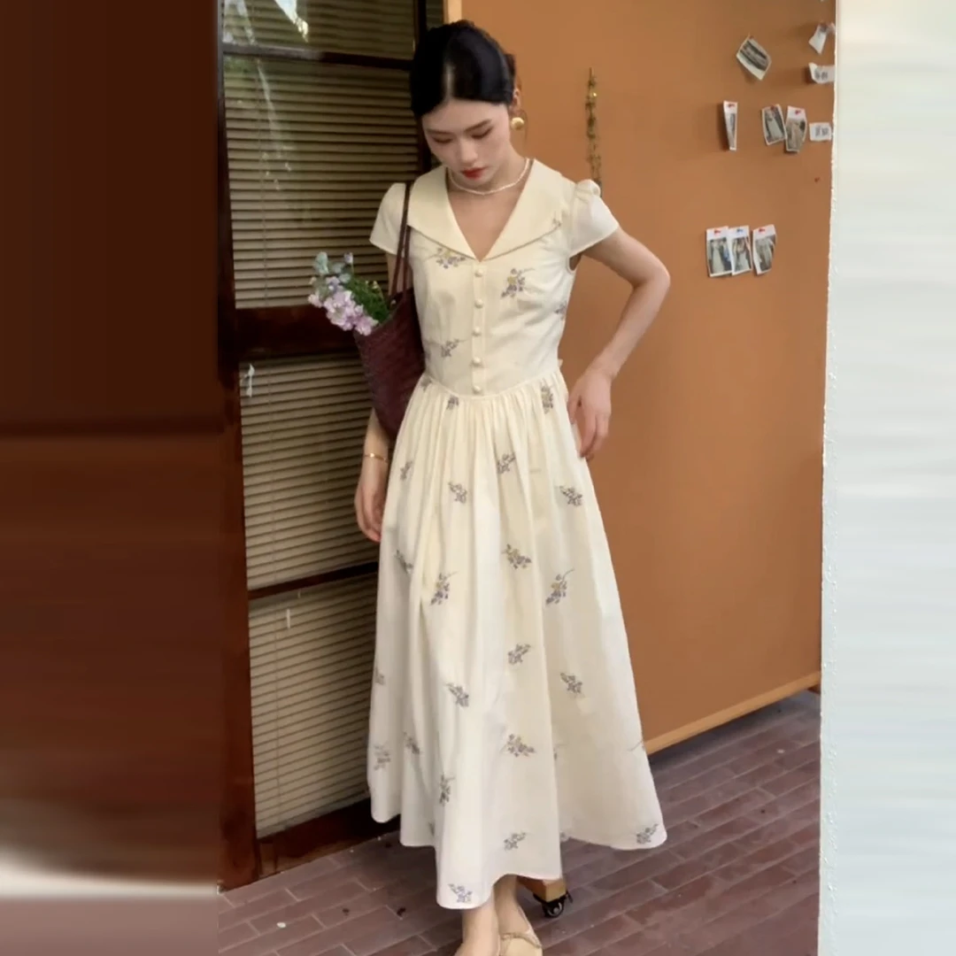 【现货+运补5米】温柔风杏色碎花polo领短袖法式气质绝美长裙3861