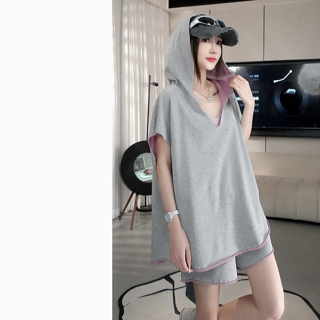 【赵一一】2025夏季新款双面撞色潮牌连帽休闲套装C25286Y