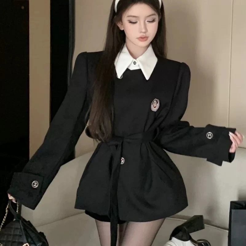 芭比姨黑色西装毛呢外套女春秋新款学院风假两件夹克新年穿搭
