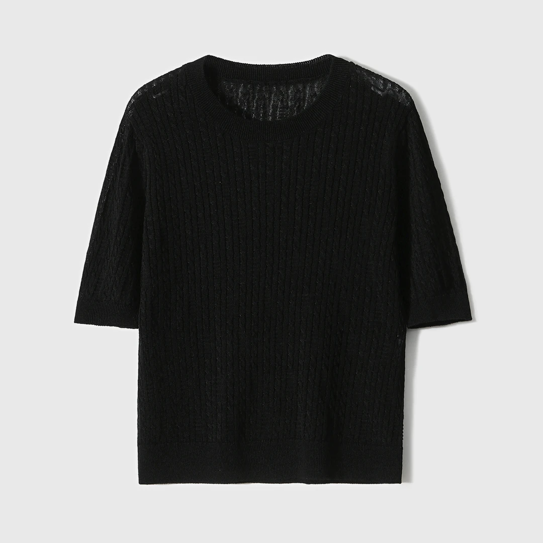 【九月木兮】无缝绞花衫康宝莱亚麻纱圆领短袖针织上衣S81558ZYNMG