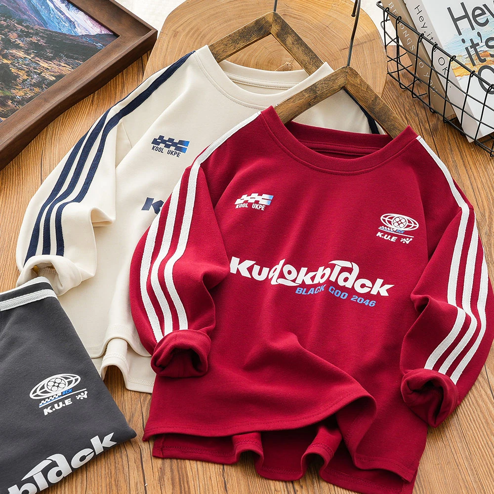 男童儿童秋季新款字母印花拉条长袖T恤中大童圆领打底衫24Q03