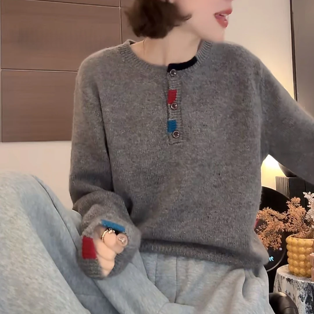 设计感拼色百搭圆领针织衫女2025秋冬新款时尚休闲灰色套头毛衣