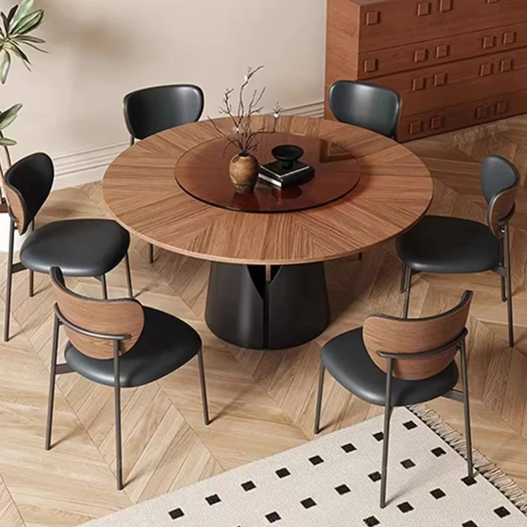 中古风法式复古风现代风家用餐厅木纹岩板实木餐桌中小户型圆桌