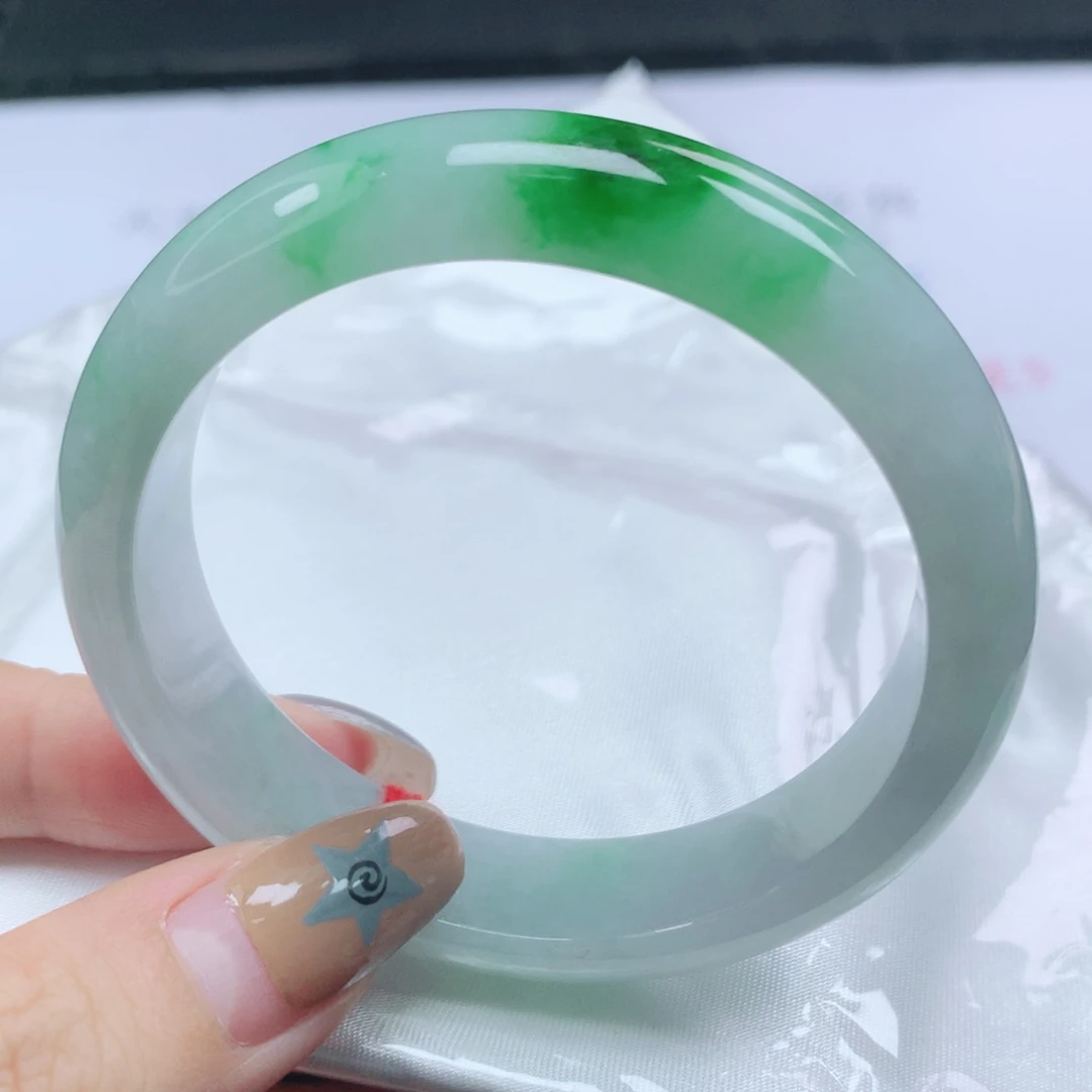 翡翠未镶嵌手镯翡翠53.7飘阳绿正圈