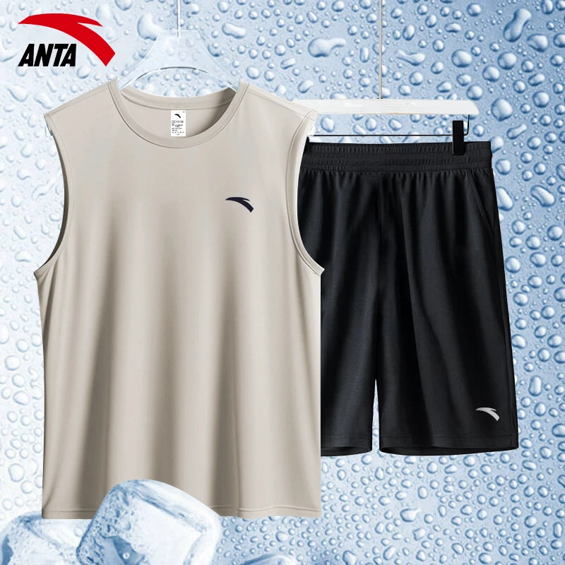 安踏速干无袖运动套装男士冰丝透气羽毛球服夏季新款潮流背心短裤