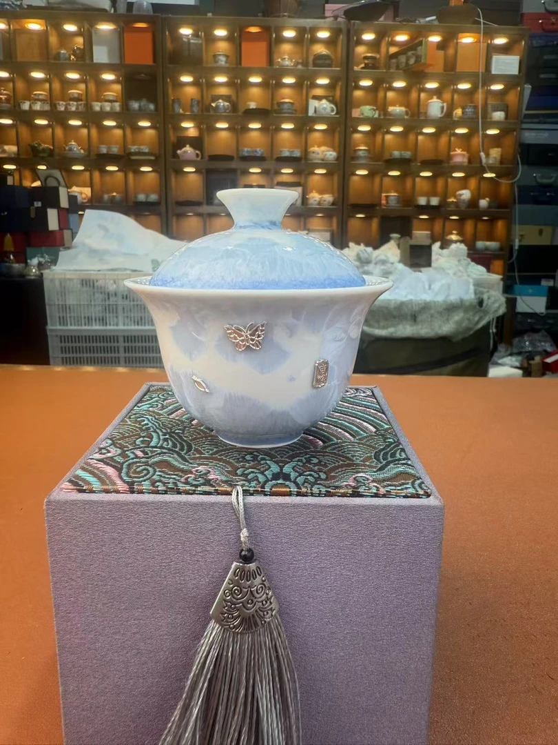手工蓝冰窑变结晶釉精致两才陶瓷盖碗功夫泡茶碗6216