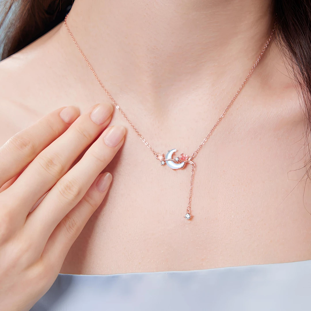 钻明 坠链均925银 逐星揽月蓝月亮项链 月亮流苏轻奢精致小众礼物