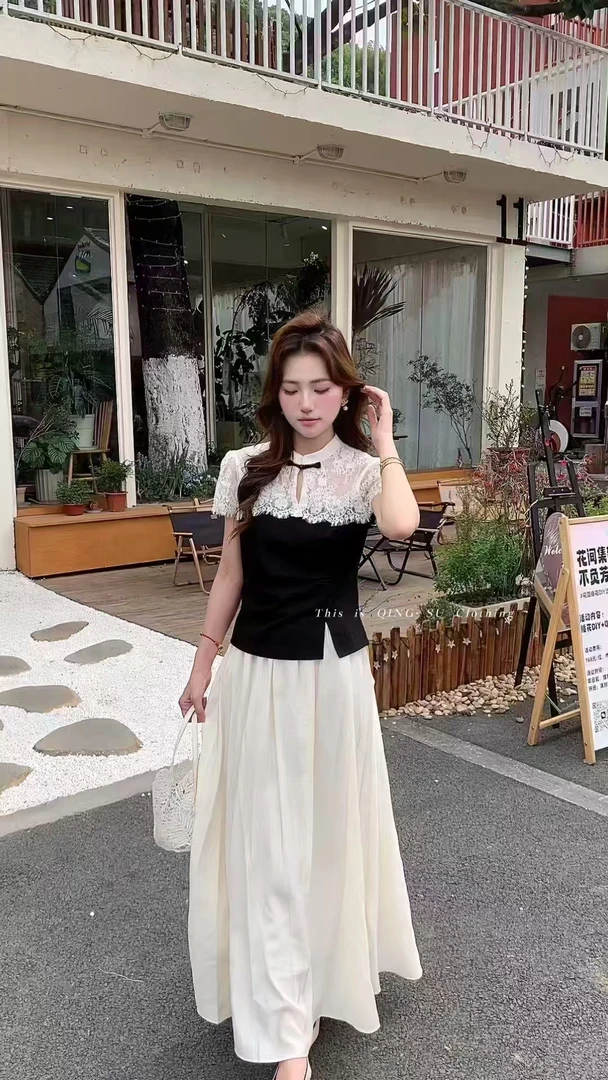 【钰姐精选】薇贵2533-新中式蕾丝拼接气质A字裙时尚套装法式泡泡袖