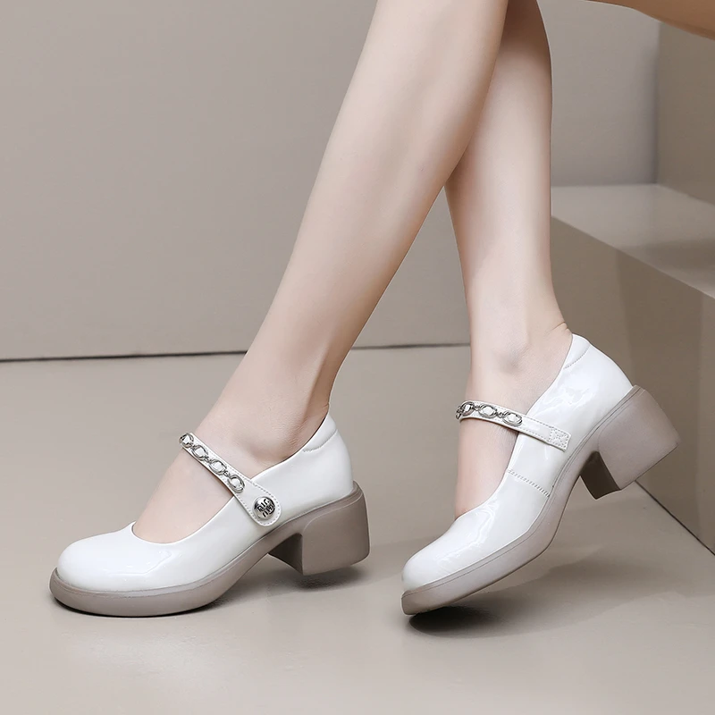 真皮春季厚底玛丽珍鞋女新款配裙子浅口单鞋复古粗跟圆头大码女鞋