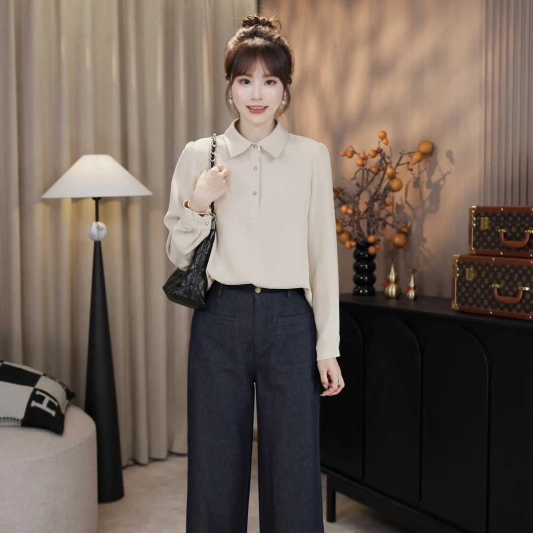 LMENY“暖调午茶”半开金扣翻领显瘦气质款衬衫25CC015