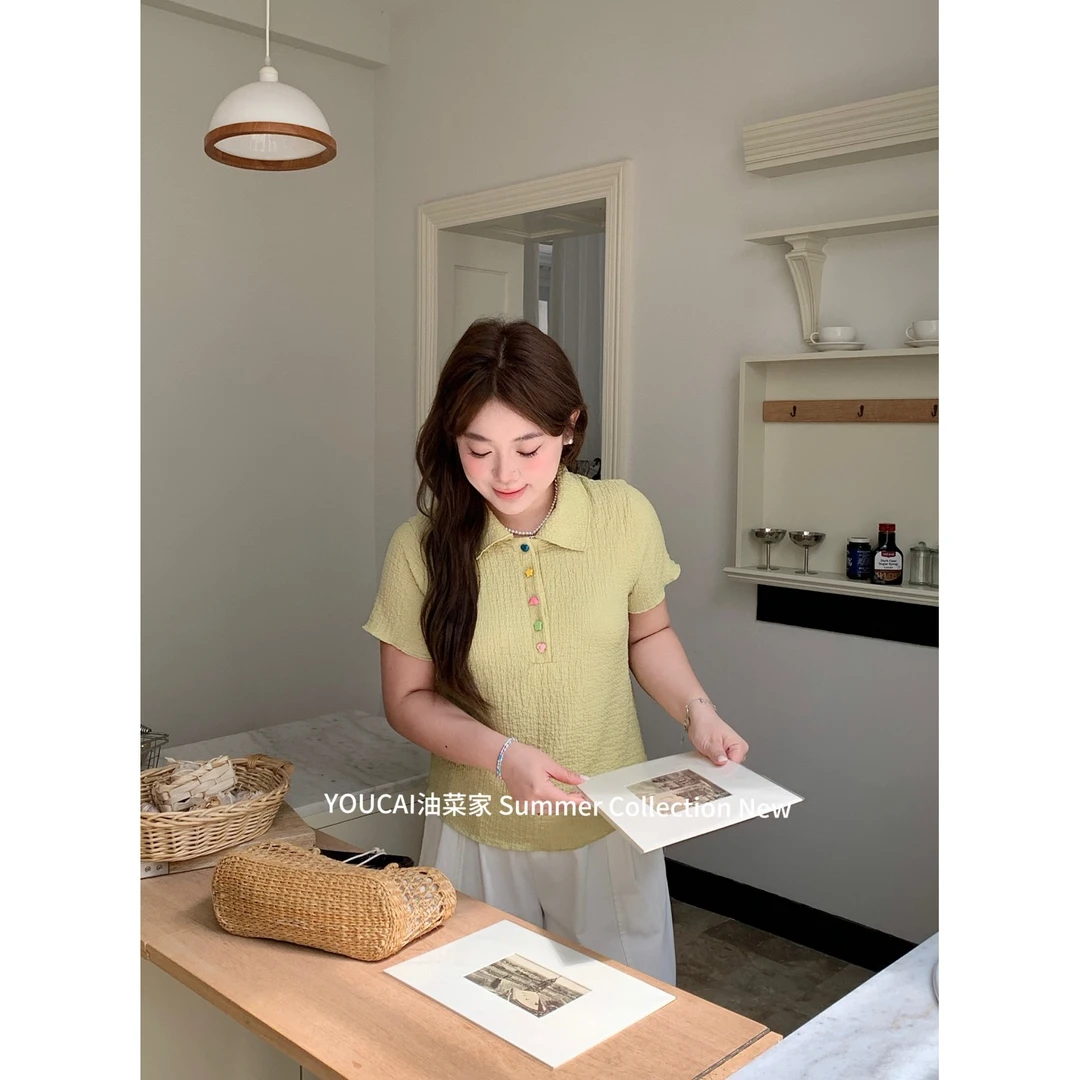 推荐款#YC#31160#彩色扣短袖上衣 FL