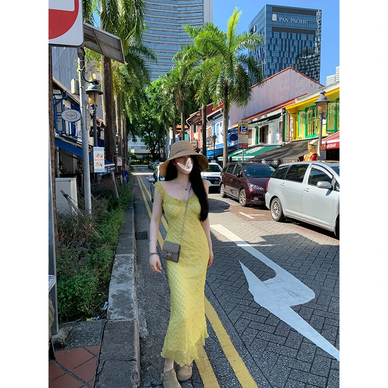 YOKLASS少女家 黄色荷叶边小飞袖修身连衣裙显瘦长裙子L21173S42