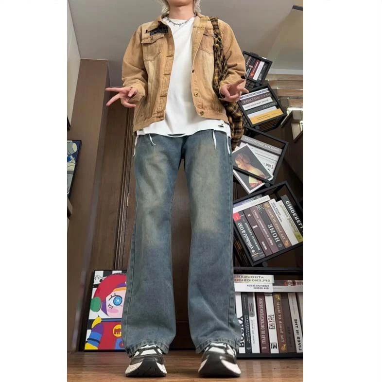 美式高街vibe复古水洗做旧牛仔裤男潮直筒微喇显瘦cleanfit长裤子