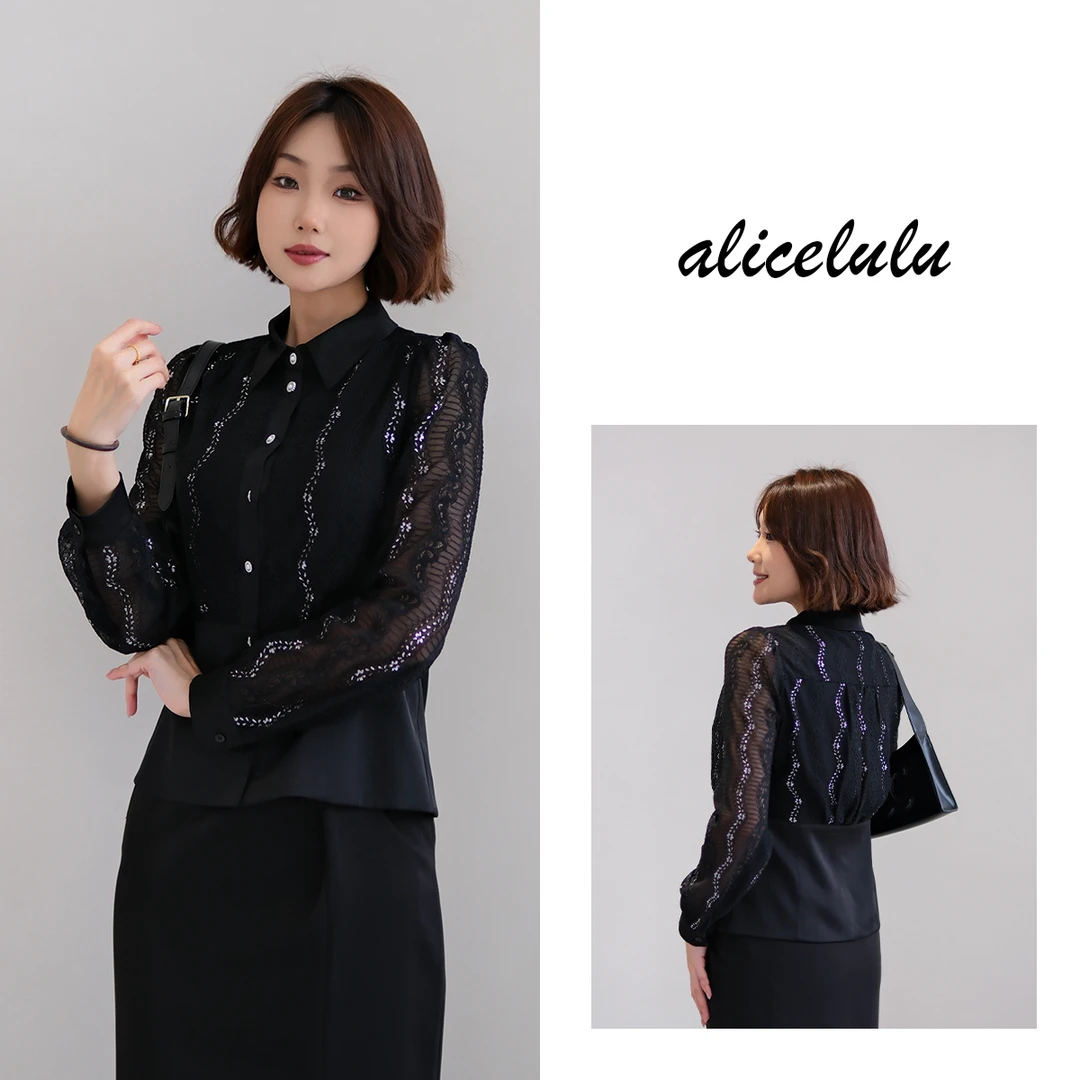 5 alicelulu“爵士之夜”衬衫 优雅蕾丝 时髦拼接 S2141932L