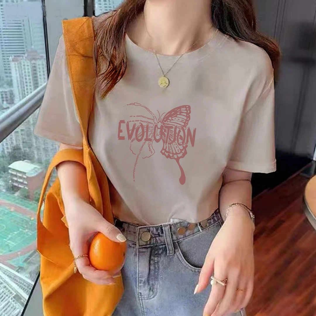 T恤新款夏季圆领显瘦T恤女百搭纯棉上衣修身印花设计感小个子显白