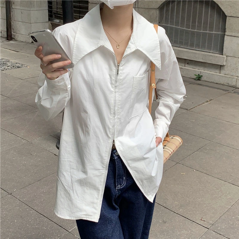 大码韩版设计感法式拉链设计polo领衬衫女夏宽松遮肉防晒衬衣上衣