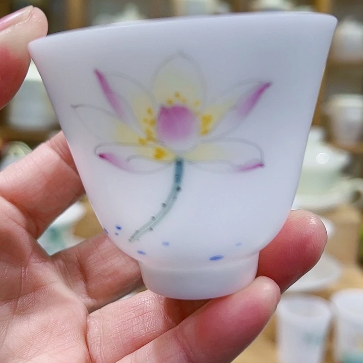 高冰素烧手绘莲花客杯50