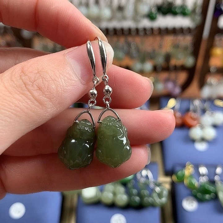 和田玉银S925镶嵌耳饰貔貅耳环