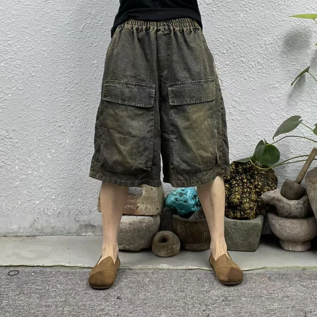 26065蓝底黄咖两腿拼大口袋加盖炒色牛仔裤（长60臀围122脚口74