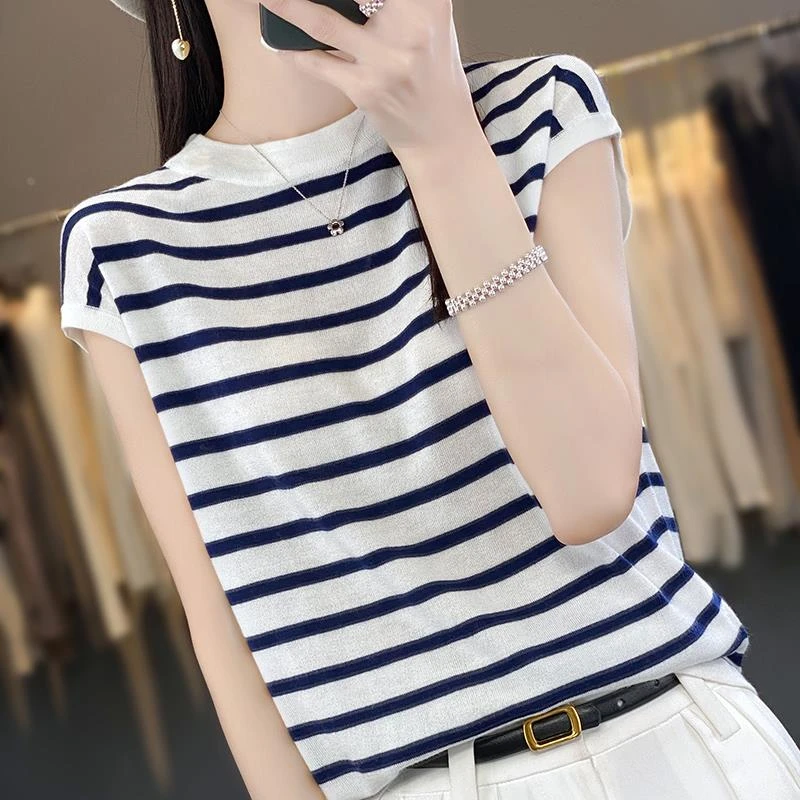 经典轻奢夏季新款短袖t恤女圆领条纹拼色宽松针织背心显瘦打底衫