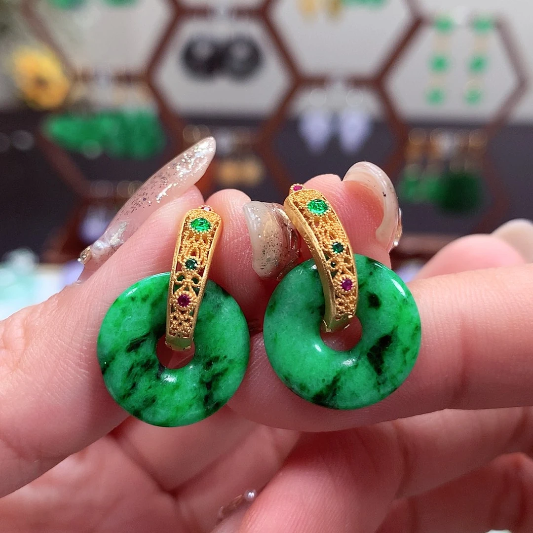 翡翠耳饰银S925镶嵌天然翡翠