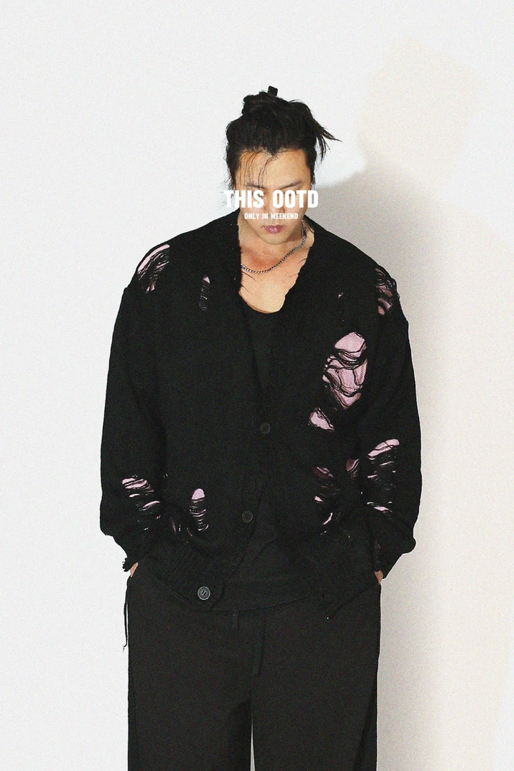 时尚个性欧美个性小众设计款复古街头慵懒风破洞撞色开衫毛衣