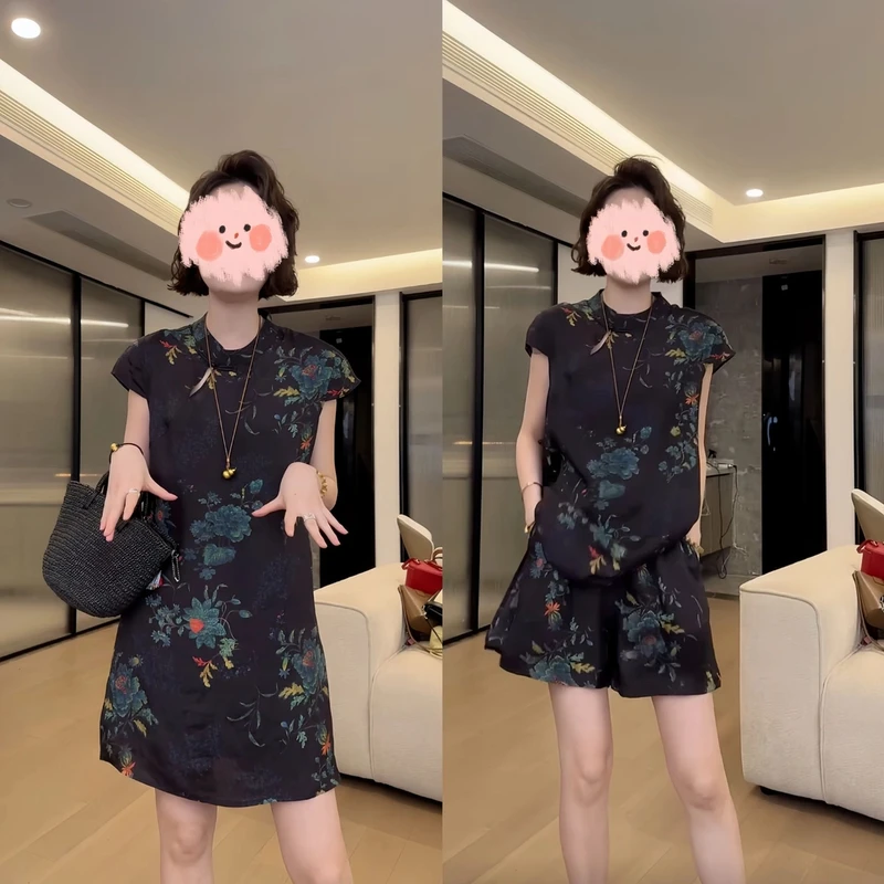 2025夏极简百搭温婉气质新中式国风牡丹花旗袍领松紧腰短裤两套装