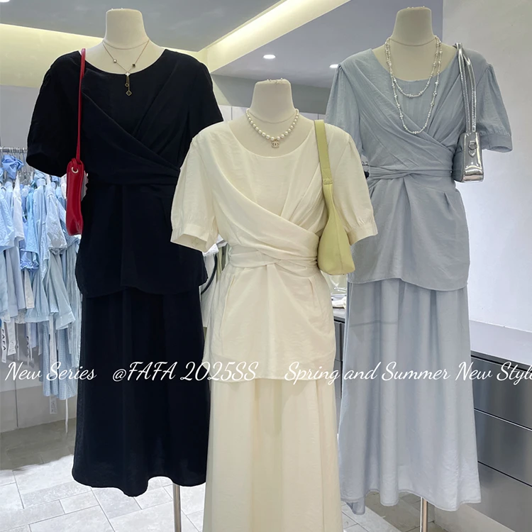 FAFA F6688大码网纱系带收腰短袖套装衬衫宽松百搭纯色圆领两件套