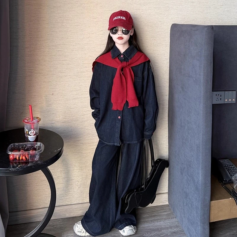 女童秋季网红披肩牛仔套装2025新款女大童洋气时髦儿童休闲秋装潮