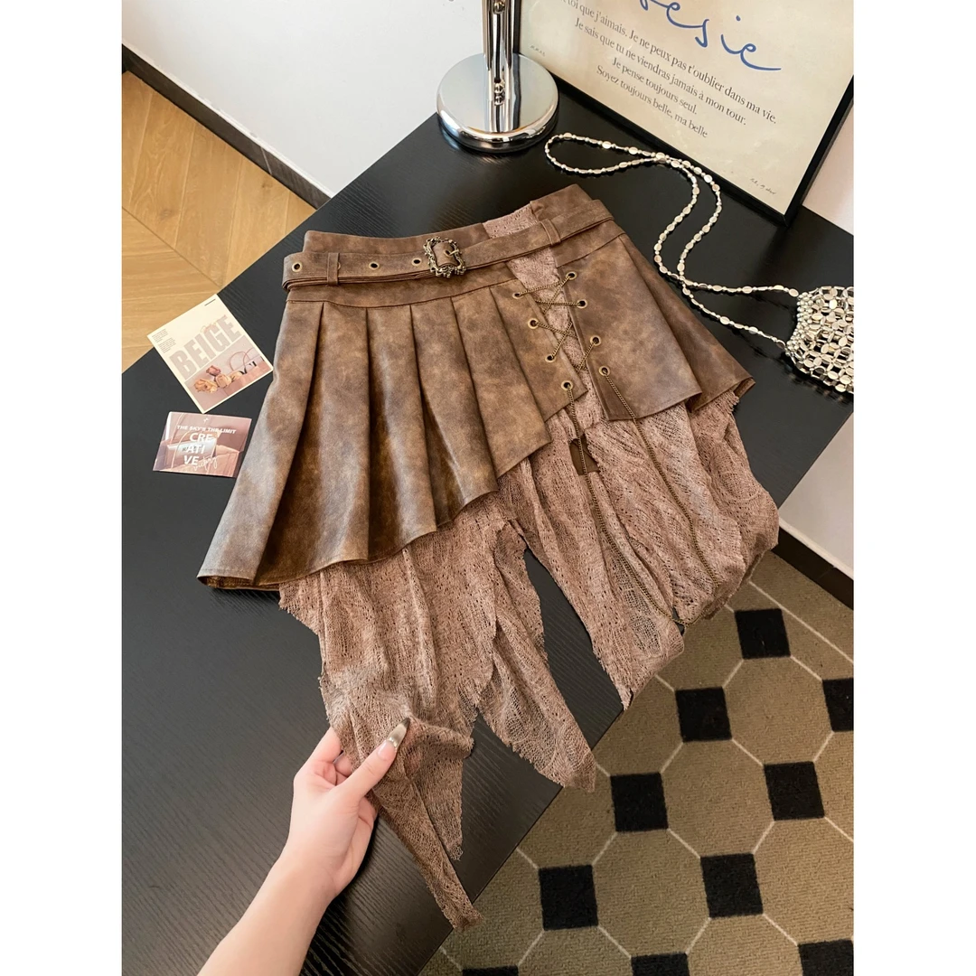 美拉德辣妹不规则重工链条高腰半身裙女时尚小众设计感百褶短裙子