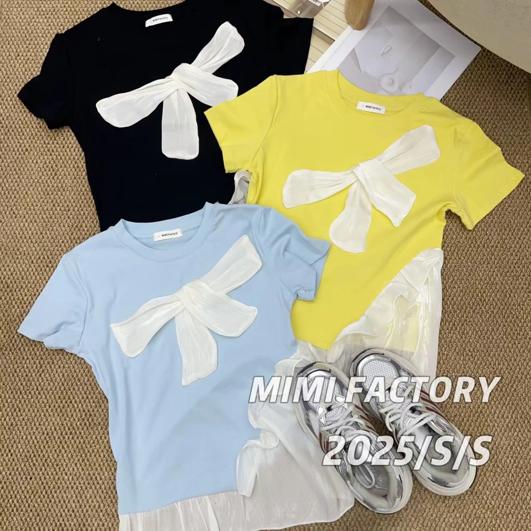 2025夏新款 蕾丝花边拼接蝴蝶结短袖T恤女修身显瘦上衣#4597