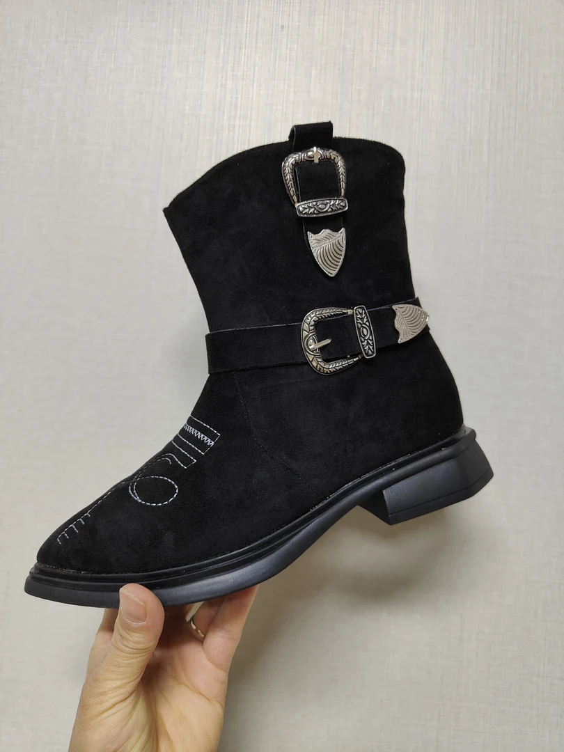 609短靴403房间短靴西部牛仔靴新款时尚休闲女士黑色真皮粗跟中筒