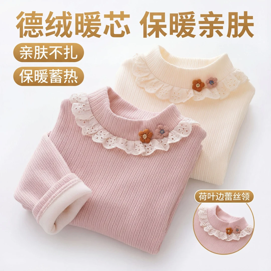 女童冬款打底衫儿童加绒半高领花边保暖上衣女孩内搭提花针织T恤