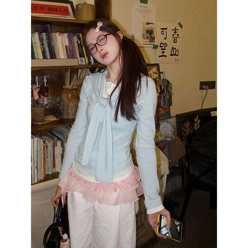 假两件长袖t恤女早春新款修身显瘦内搭打底衫韩系学院风长袖上衣