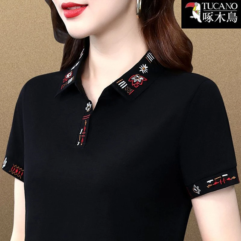 啄木鸟新款休闲百搭短袖POLO衫2025年夏季刺绣T恤女翻领大码上衣