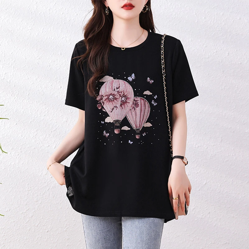 印花烫钻百褶拼接短袖T恤女夏季2025新款欧货大码女装上衣