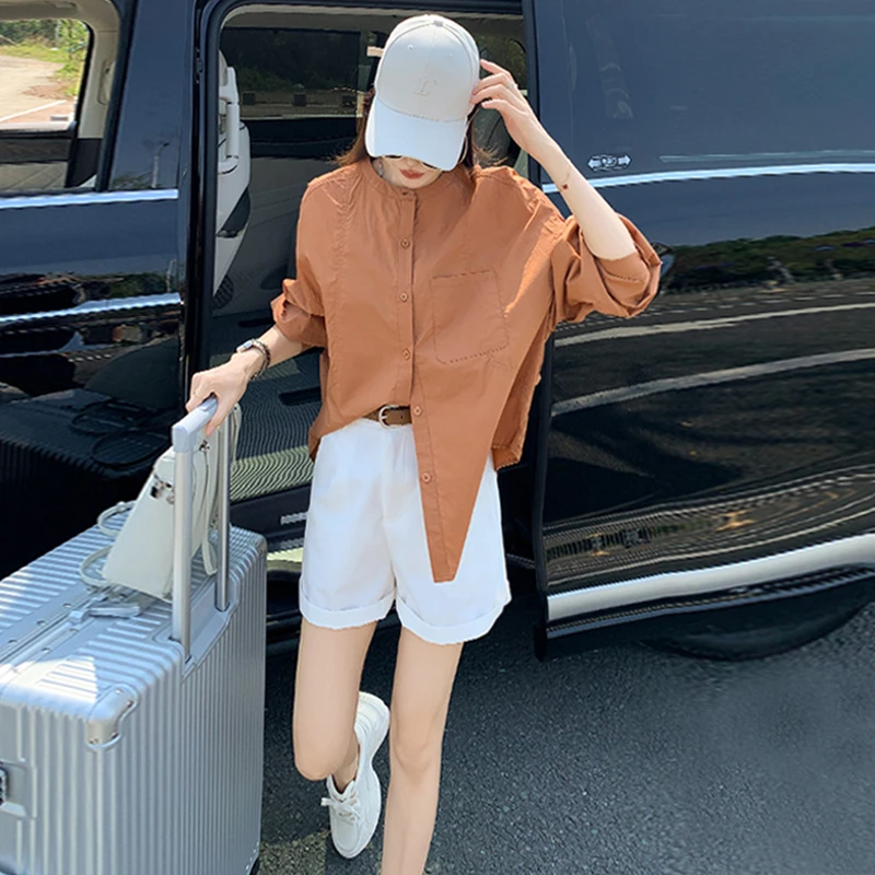 401-410秋季四季通用纯色灯笼袖长袖衬衫上衣衬衣百搭网红显瘦