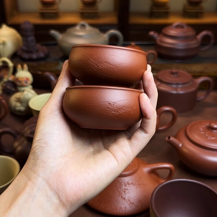 紫砂茶壶主人杯，朱泥