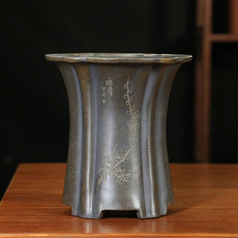 神力精品海棠盆束腰兰花盆原矿紫砂盆天青泥兰花专用手工盆桌面盆