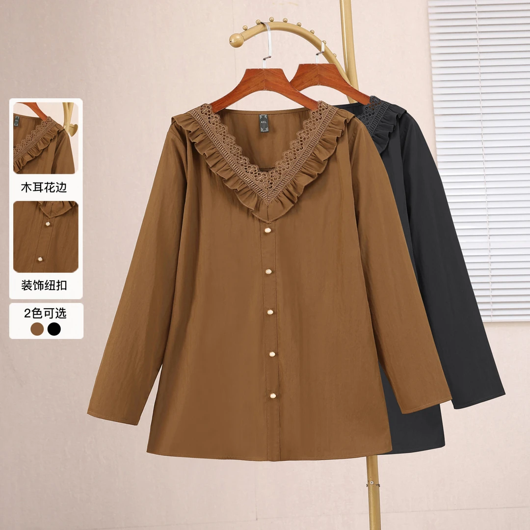 25047T大码胖mm遮肚子拼接衬衫女秋季洋气200斤V领上衣显瘦t恤女