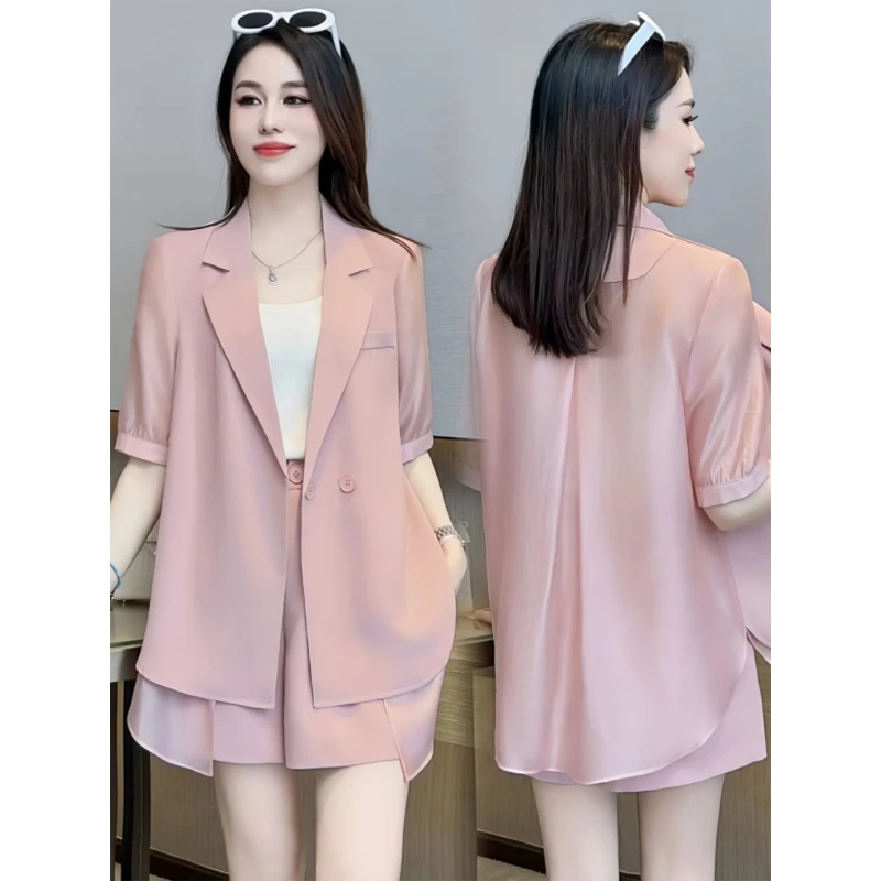 高级感薄款时尚西服套装女短袖小西装2025夏季新款冰丝短裤两件套