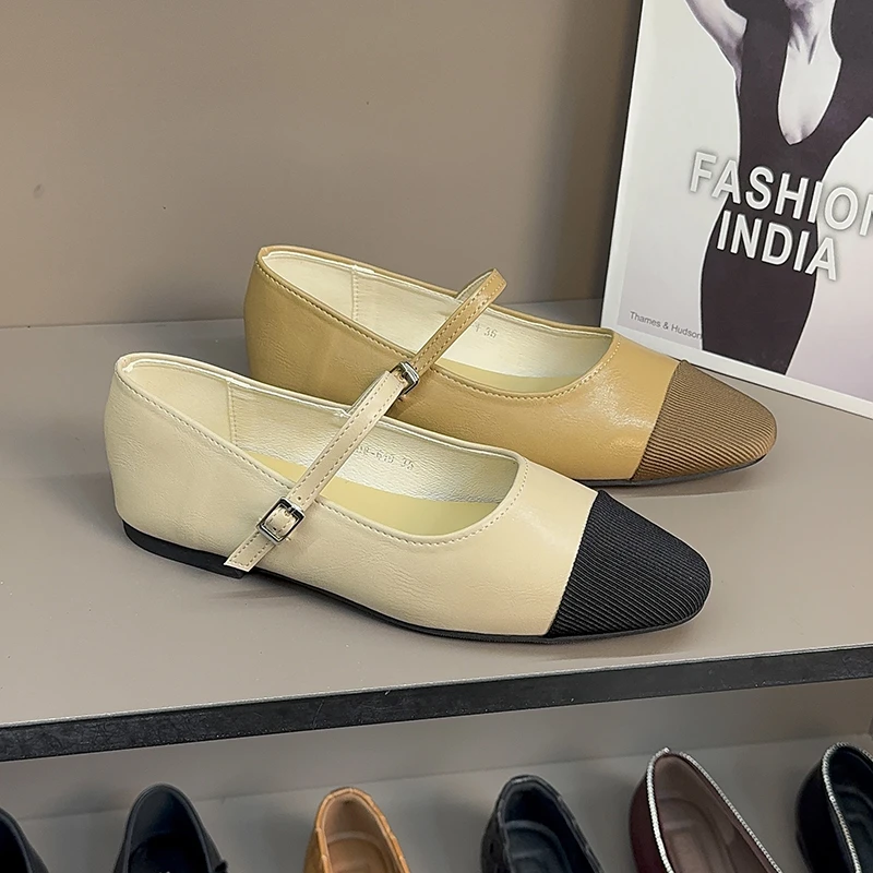 小香风时尚拼色玛丽珍鞋女2025春季新款百搭一字扣平底单鞋女