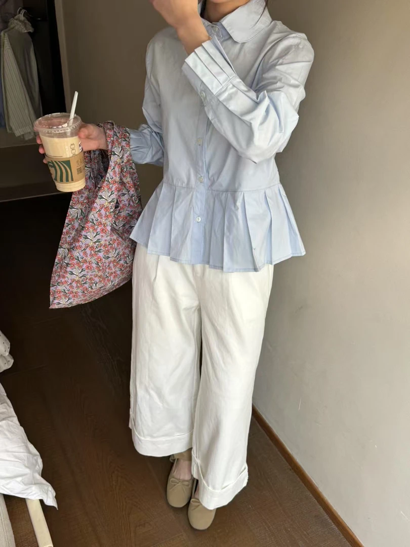 【悦己】甜美法式娃娃领衬衫百褶设计长袖上衣