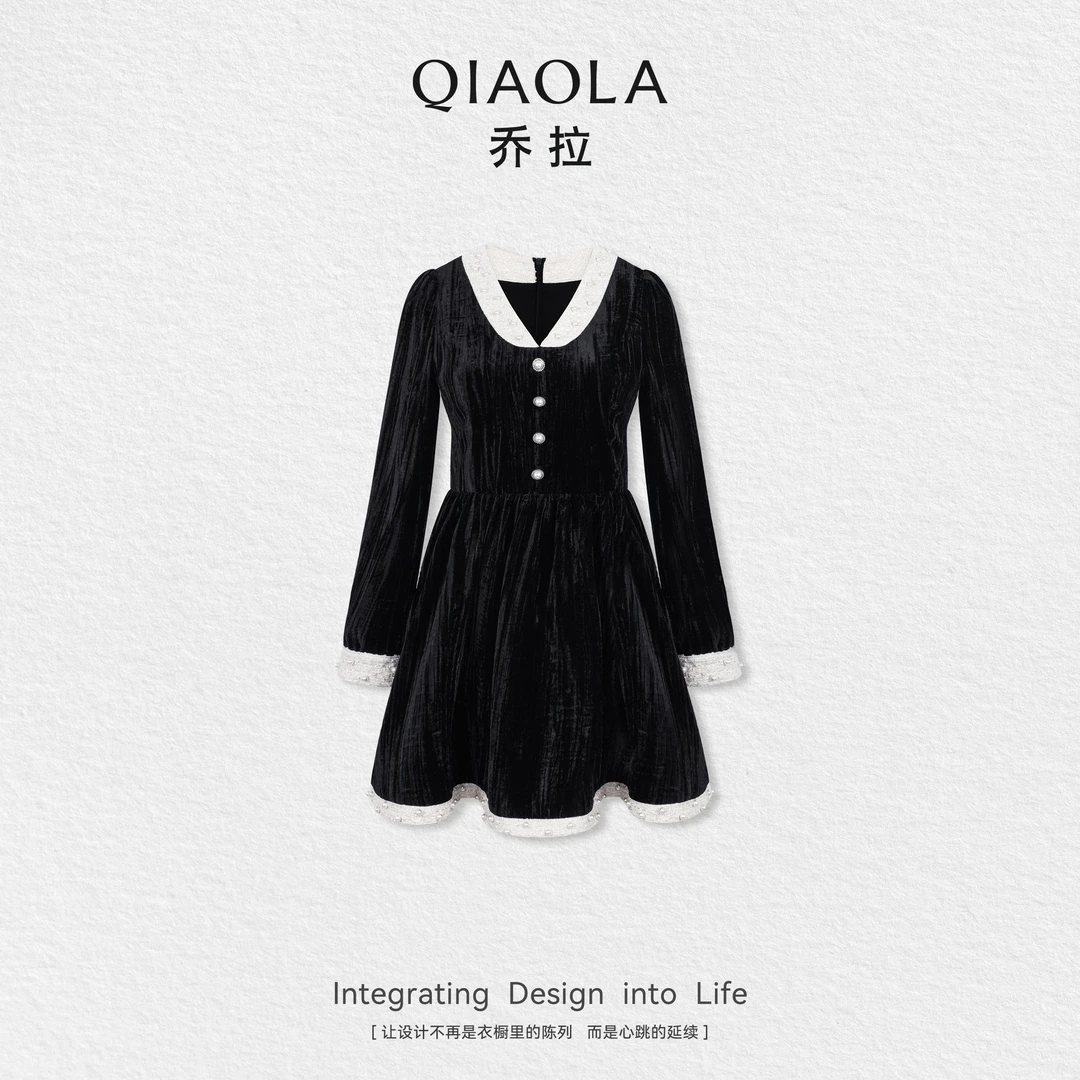 QIAOLA/乔拉【月光山茶】秋季梭织丝绒氛围感显瘦高级感连衣裙预售