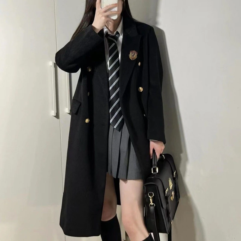 2025秋冬毛呢大衣女热款西装领双排扣小个子中长款黑色呢子外套