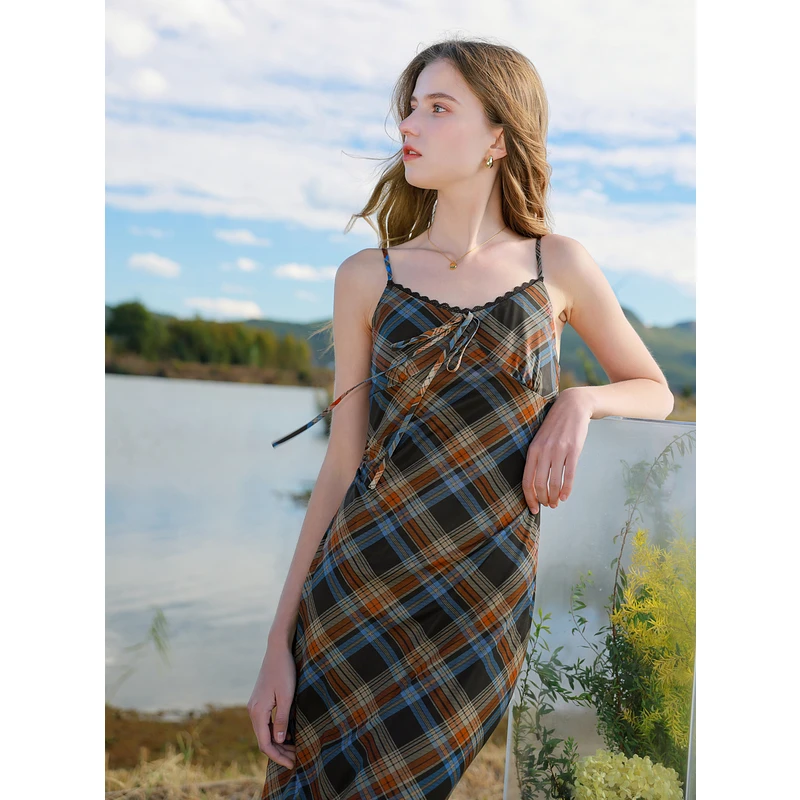 【三彩宋轶同款】2025夏季新款格纹网纱吊带裙连衣裙长裙内搭修身M