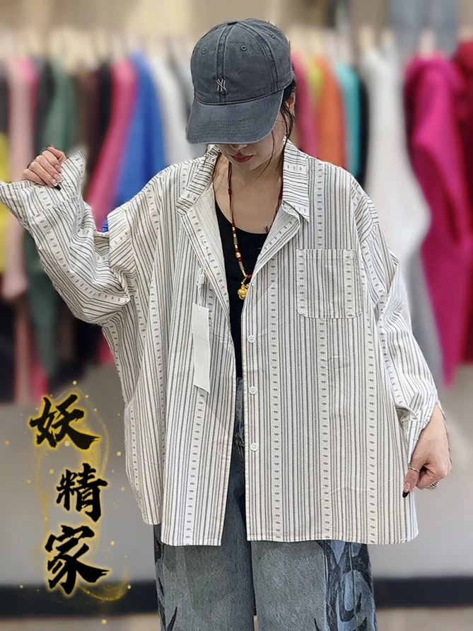 25137【妖精家】春季潮流休闲韩系时尚复古宽松文艺条纹长袖衬衫