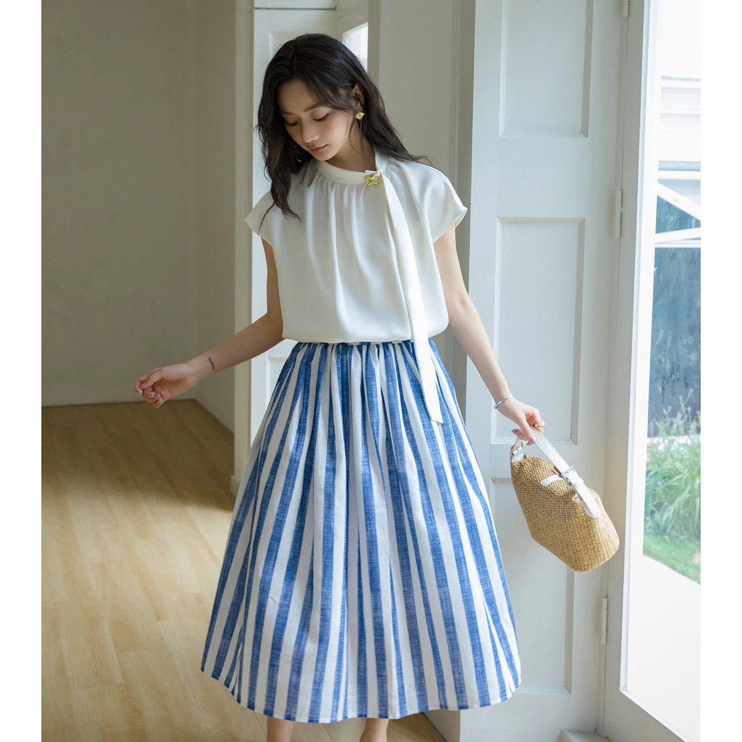 仿亚麻法式气质条纹半身 裙有兜腰部有松紧法式赫 本新款裙子2919