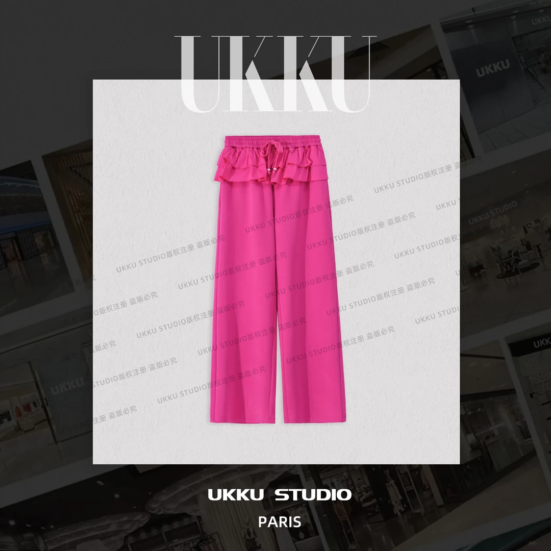 【UKKU】丹丹新款网红阔腿印花微弹力法式荷叶边女士休闲裤614616