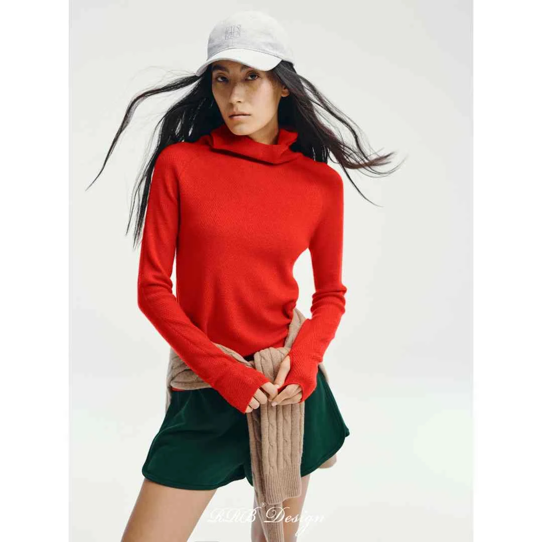 RRB Design「高阶chic」100绵羊毛修身显瘦纯色连帽长袖套头上衣